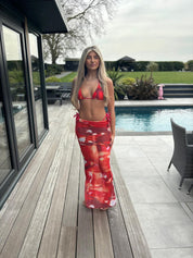 Red print 3 piece bikini set