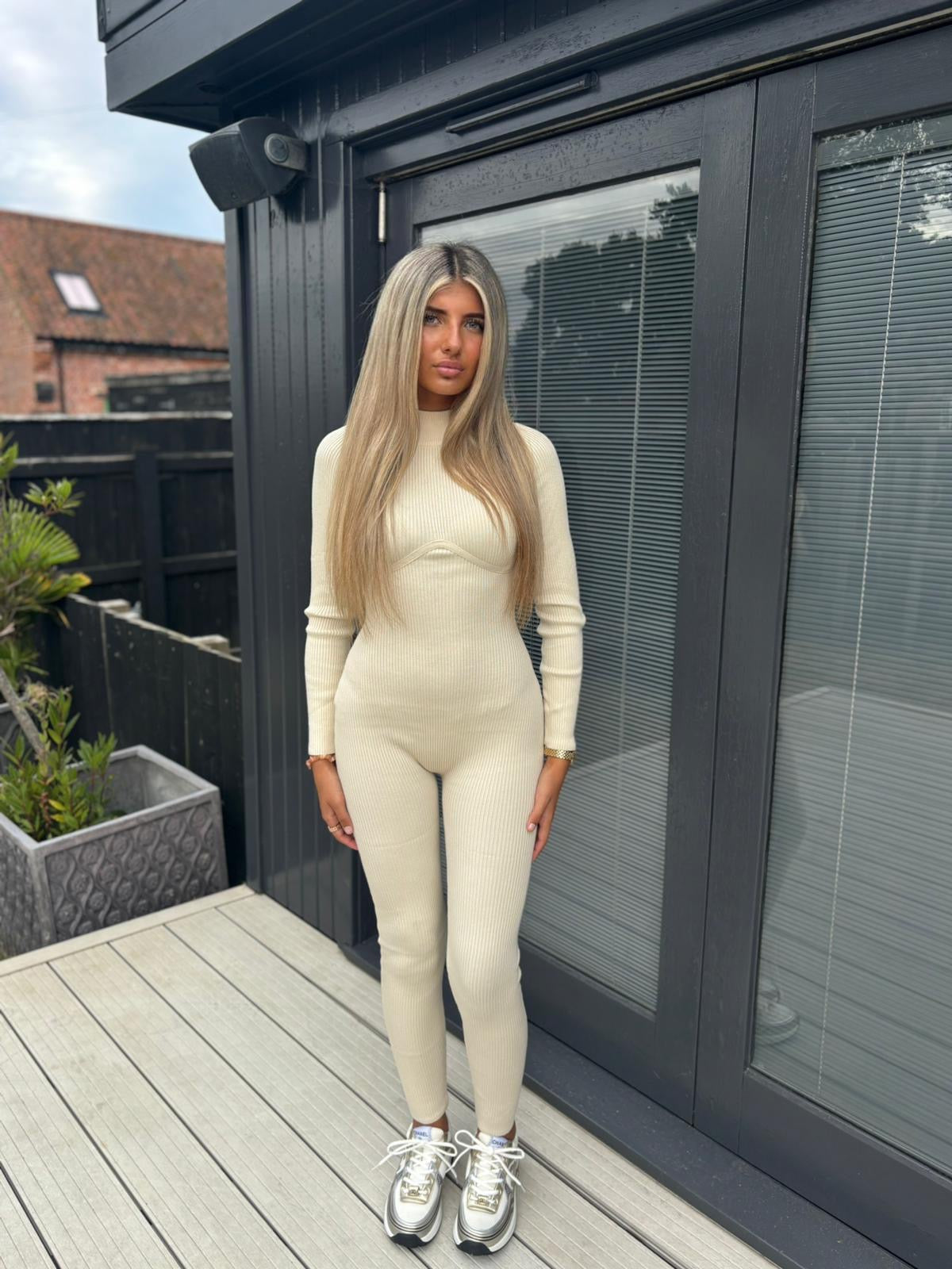 Cream ribbed jumpsuit