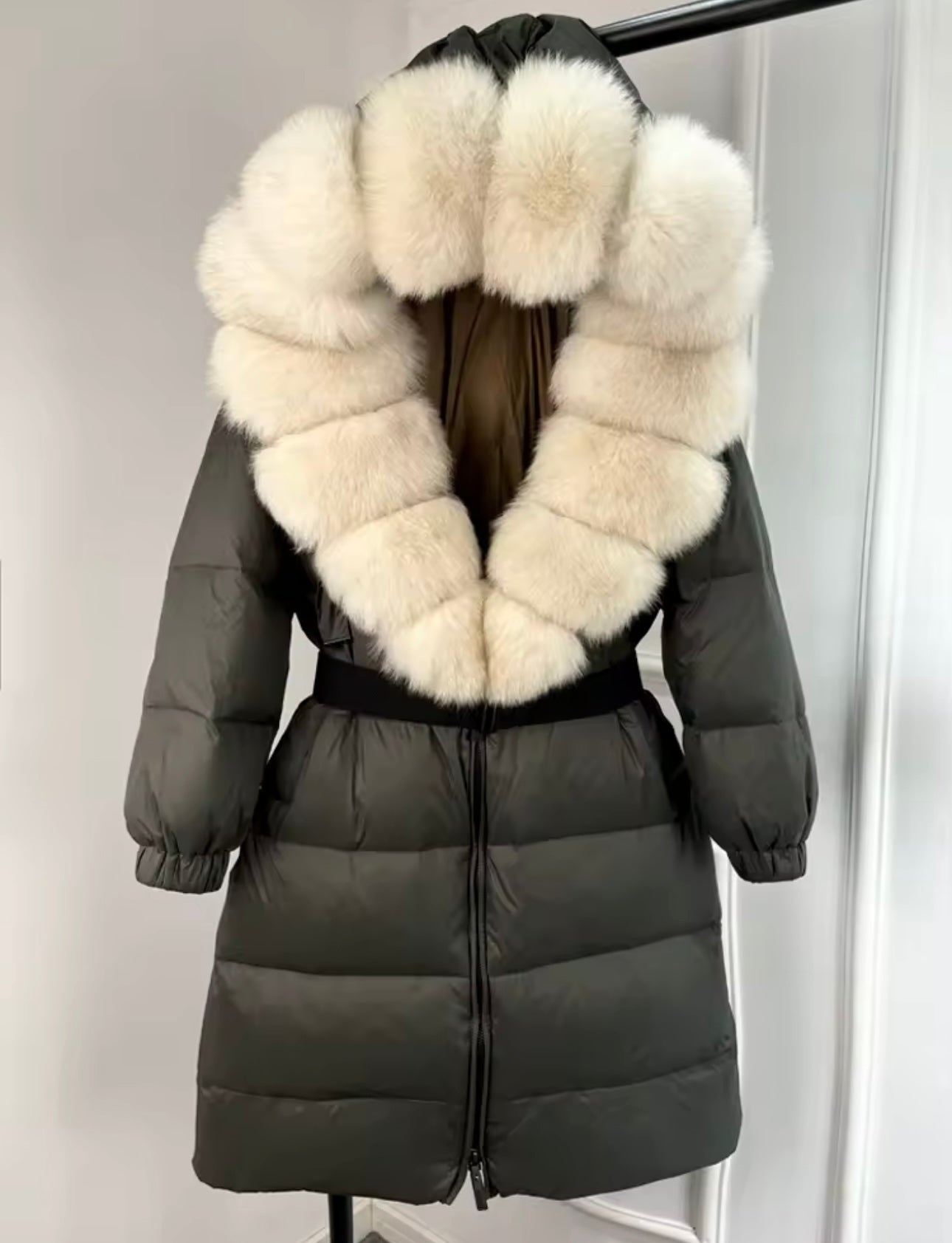 Dark grey & cream fur coat