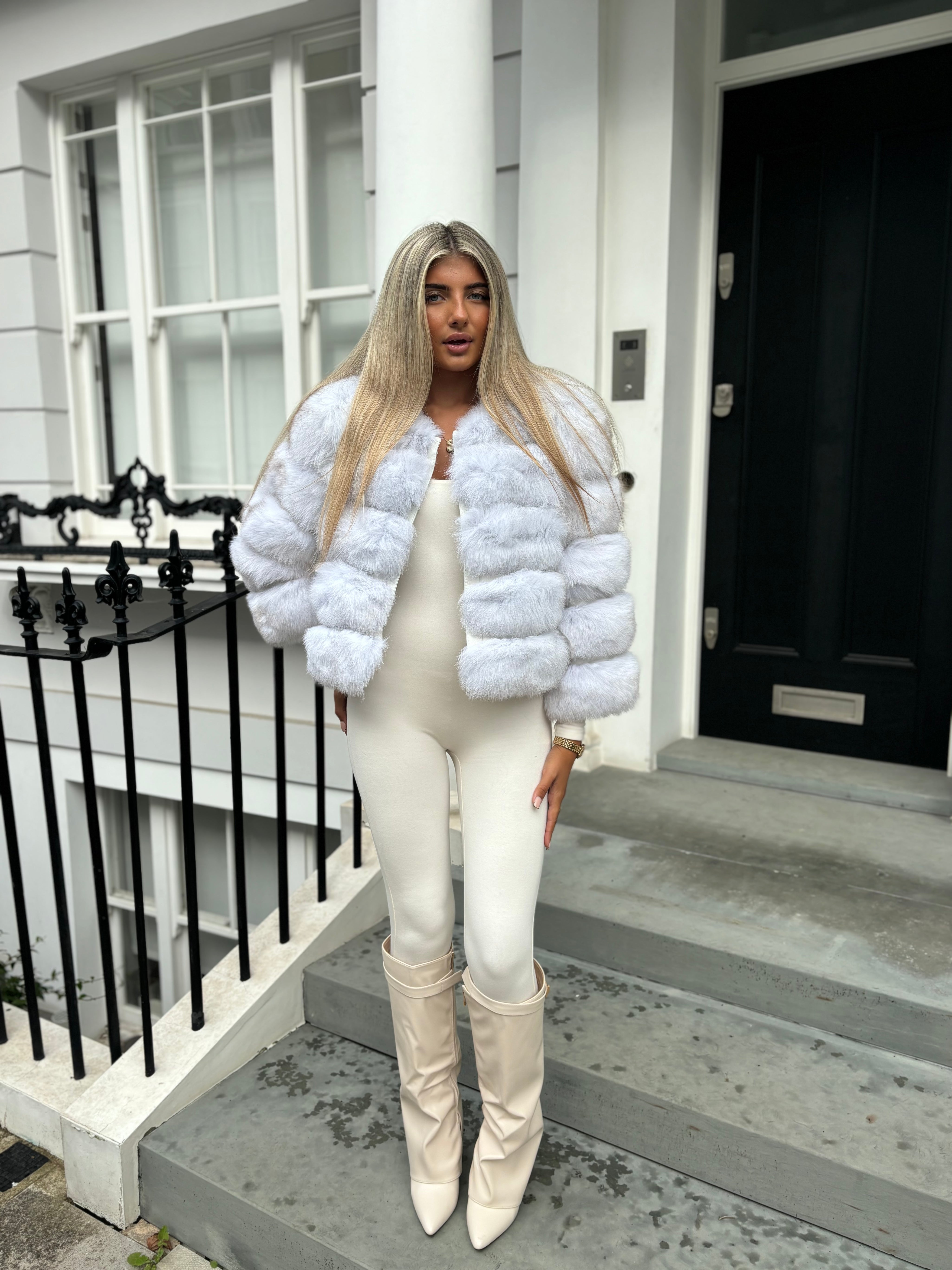 Frost white fox fur coat