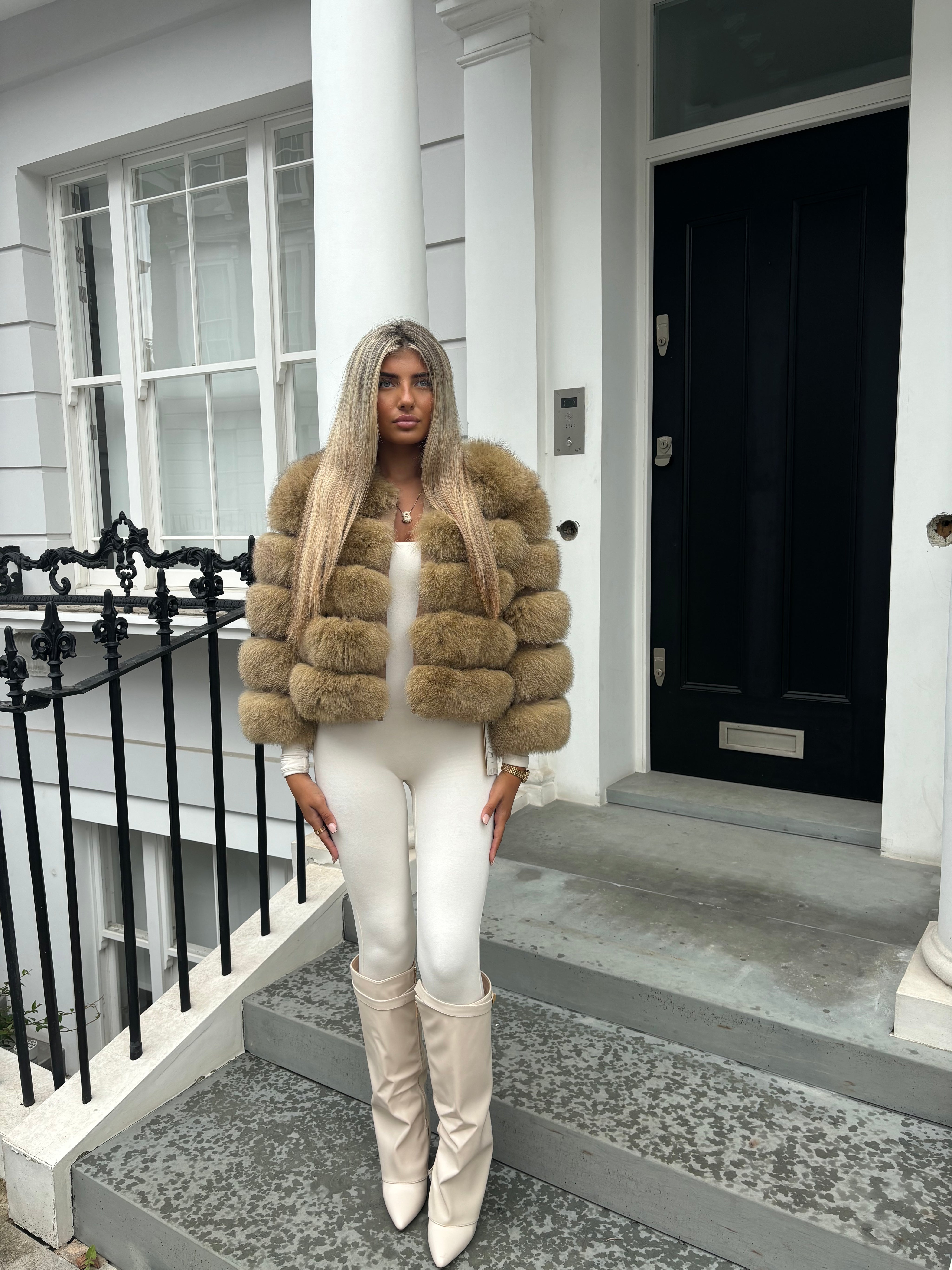 Camel brown fox fur coat