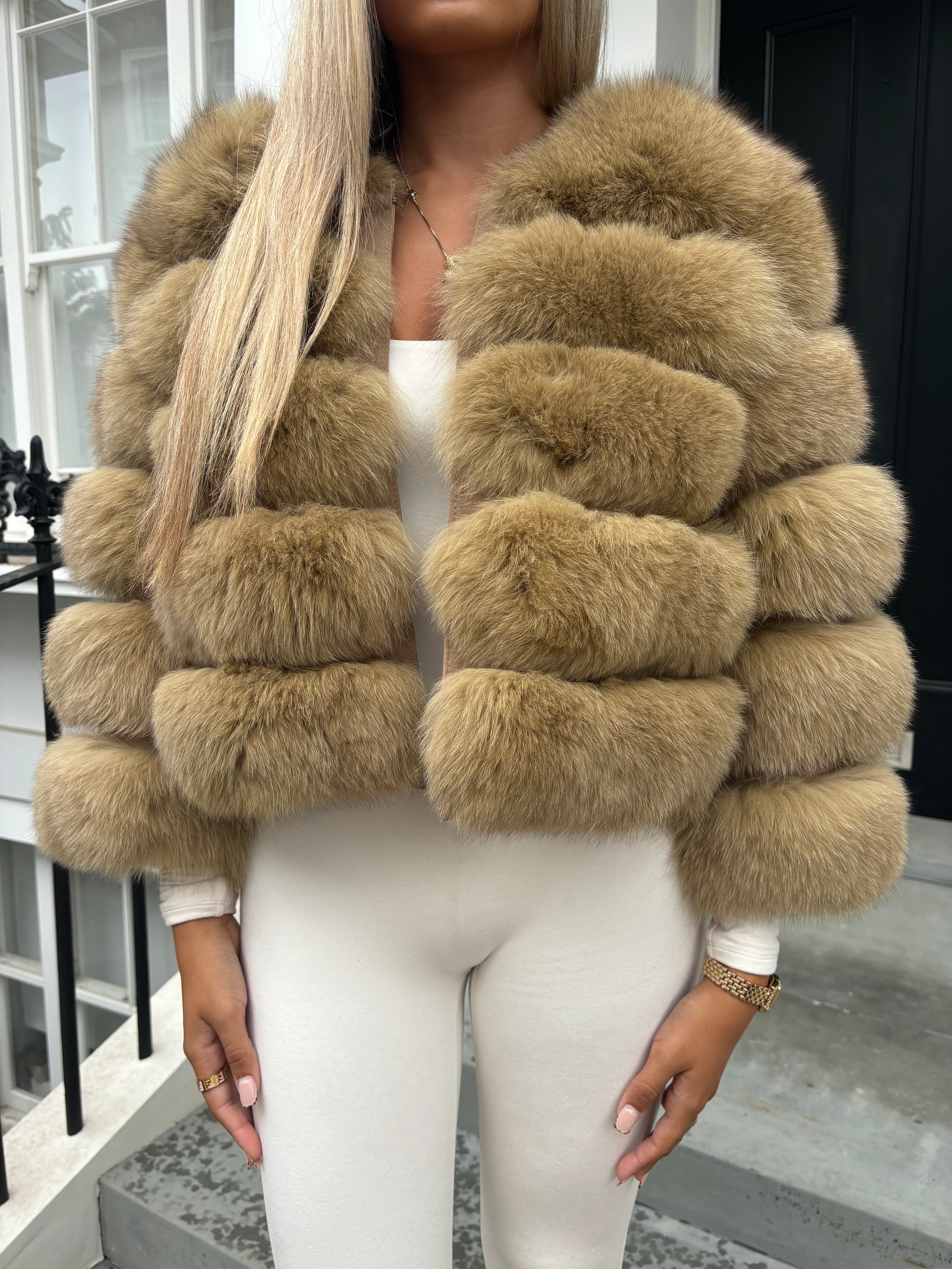 Camel brown fox fur coat